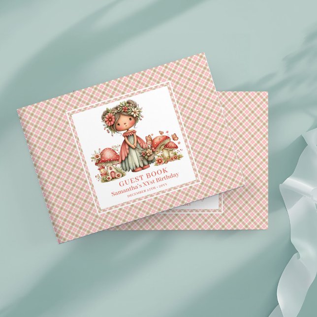 Livro de Visitas de Aniversário com Flores Cor-de- (Adorable Fairy Pink Flowers Birthday Guest Book)