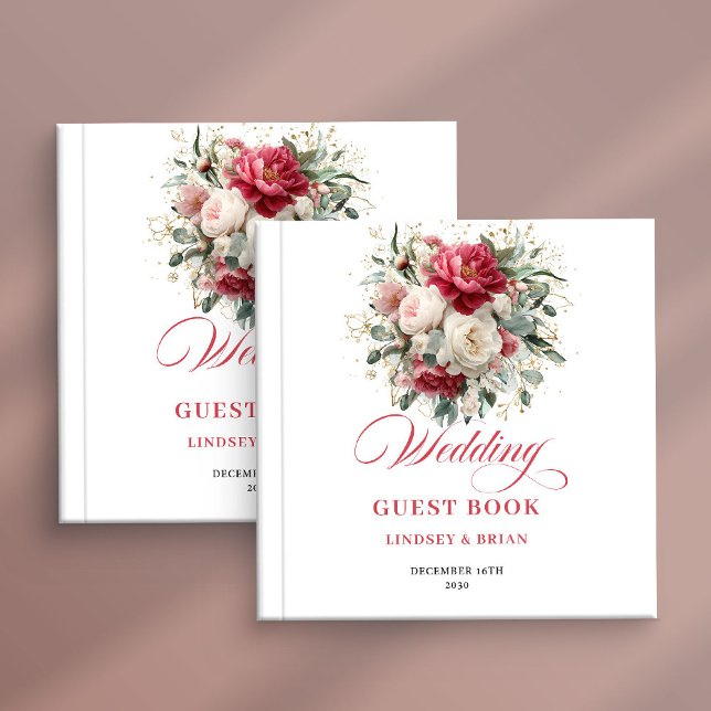 Livro de Visitas de Casamento Boho Jardim com Flor (Garden Boho Red Blush Floral Wedding Guest Book)