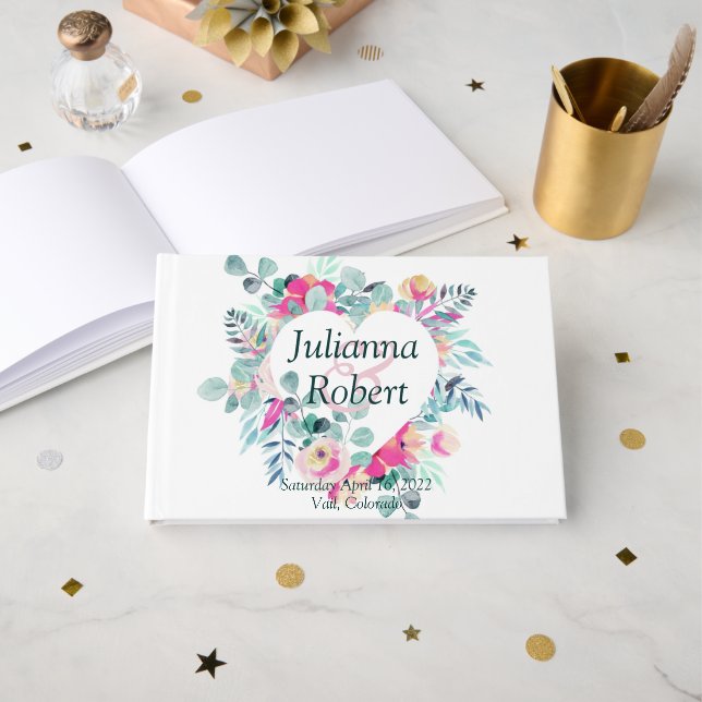 Livro de visitas de casamento com coração floral e (Frente aberta)