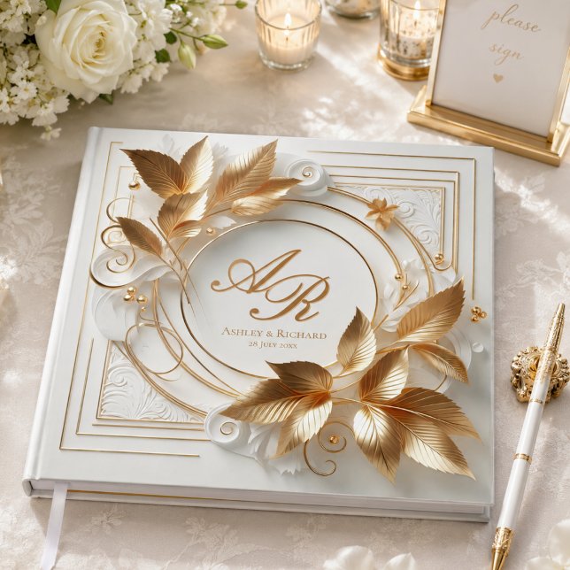 Livro de Visitas de Casamento com Monograma de Our (elegant opulent ivory gold foliage wedding guestbook with custom monogram names and wedding date)
