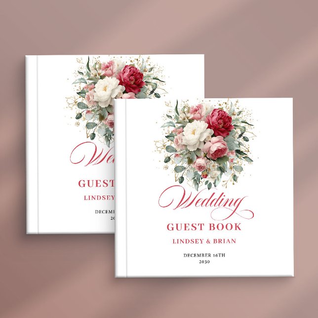 Livro de Visitas de Casamento com Sotaque Dourado  (Elegant Gold Accent Wedding Guest Book Red Blush)