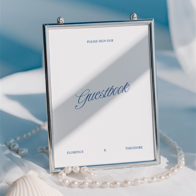 Livro de Visitas de Casamento em Branco e Azul Clá (Classic White & Blue Script Wedding Guestbook Sign)