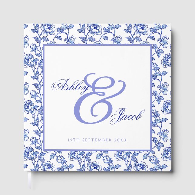 Livro de Visitas de Casamento Floral Azul Elegante (Frente)