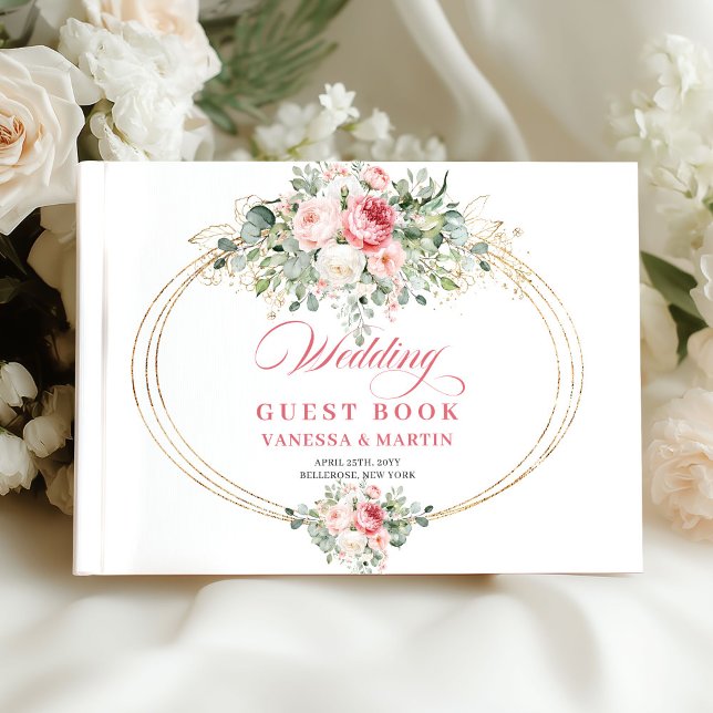 Livro de Visitas de Casamento Floral Bege Mínimo e (Minimal Blush Floral Gold Wedding Guest Book)