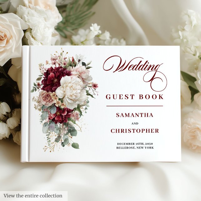 Livro de visitas de casamento floral dourado com t (Boho burgundy blush gold floral wedding guest book

)
