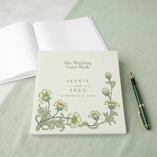 Livro de visitas de casamento floral verde creme e