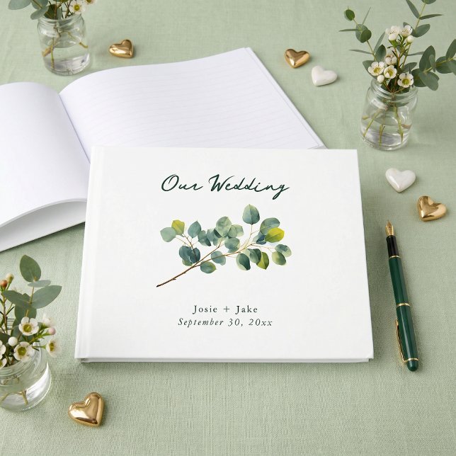 Livro de visitas de casamento verde ramo de eucali (Eucalyptus branch green wedding guest book)
