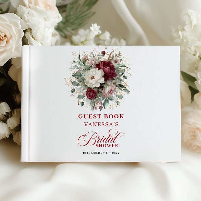 Livro de Visitas de Chá de Noiva com Flores Marrom (Chic Maroon Floral Bridal Shower Guest Book)