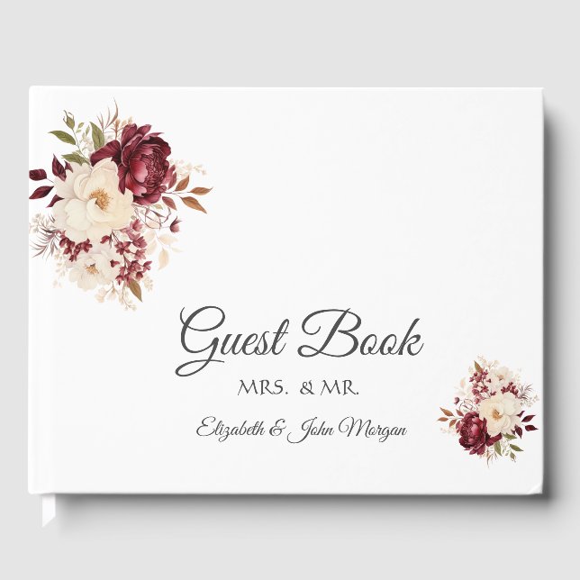 Livro de Visitas de Flores Brancas Borgonha Elegan (Frente)