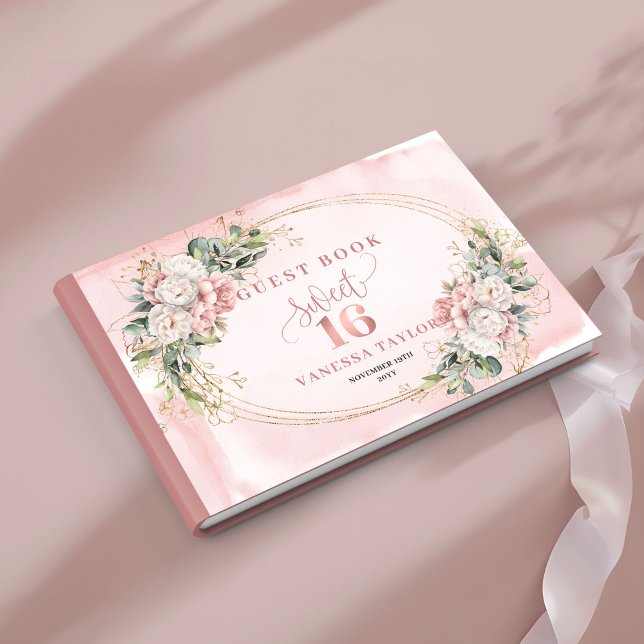 Livro de Visitas de Flores Verdejantes Boêmias Ele (Elegant Bohemian Pink Flowers Greenery Guest Book)