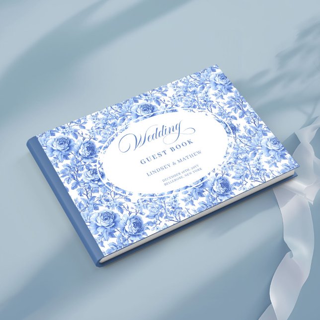 Livro de Visitas de Rosas Navy Românticas com Toil (Romantic Navy Roses Floral Toile Guest Book)