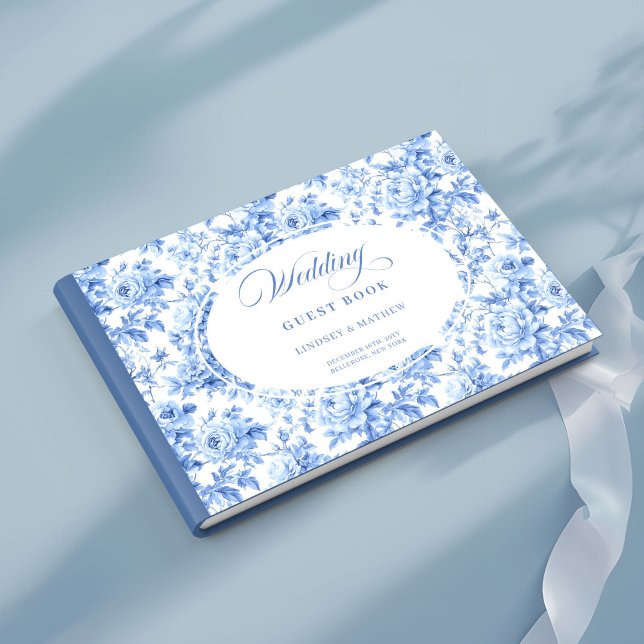 Livro de Visitas de Rosas Toile Azul Real Sofistic (Sophisticated Royal Blue Toile Roses Guest Book)