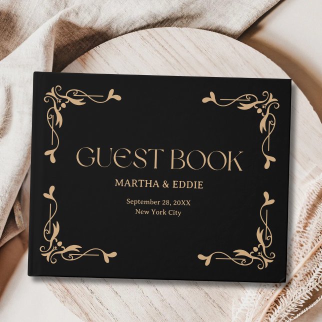 Livro De Visitas Deco Moderno | Casamento negro e Dourado legante (Criador carregado)