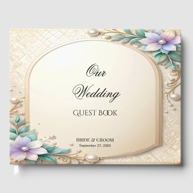 Livro De Visitas Decorative Floral Frame with Pearls Guest Book (Frente)