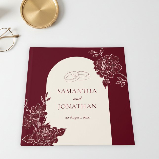 Livro De Visitas Deep Burgundy Floral with Ivory Arch Wedding (Deep Burgundy Floral Line Art with Ivory Arch Wedding Guest Book)