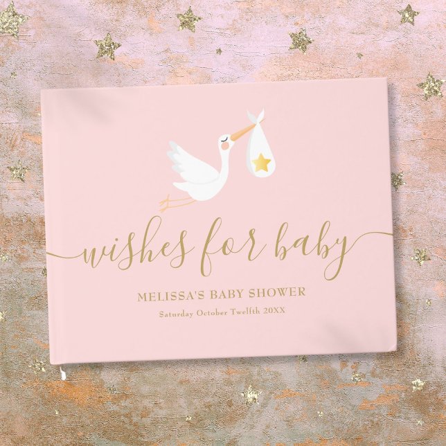Livro De Visitas Desejos para Chá de fraldas de Estrela de Tempesta (Wishes for Baby Girl Pink Stork Star Baby Shower Guest Book)