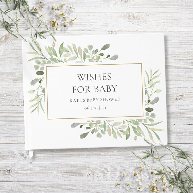 Livro De Visitas Desejos para o Bebê Aguarela Verde Dourado Chá de  (Wishes for Baby Watercolour Greenery Gold Shower Guest Book)