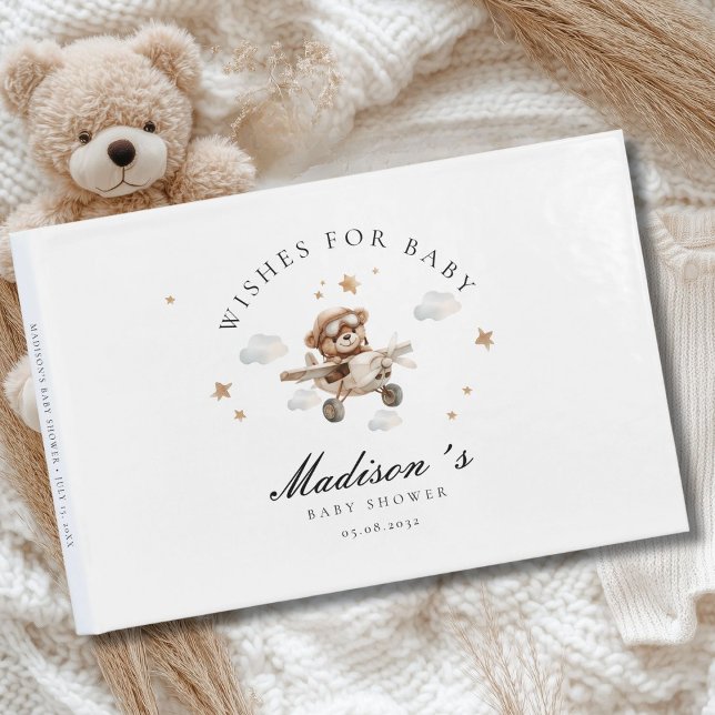 Livro De Visitas Desejos por Bebê! Urso de Teddy e Avião (Personalized "Wishes for Baby!" Baby Shower, Guest Book. For Baby Boy and Girl.)