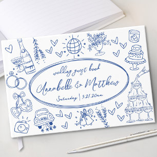 Livro De Visitas Desenho à Mão Azul Caprichoso Casamento