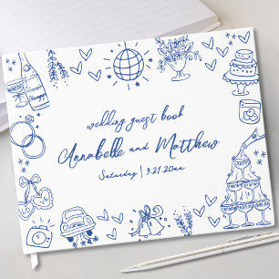 Livro De Visitas Desenho à Mão Azul Casamento Caprichoso
