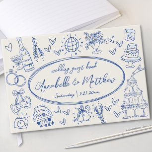 Livro De Visitas Desenho à Mão Vintage Azul Caprichoso Casamento