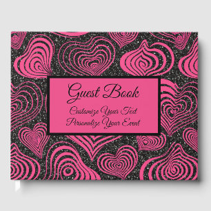 Livro De Visitas Design Abstrato de Coração Glam Rosa e Preto