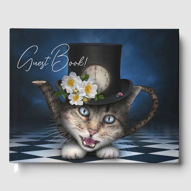 Livro De Visitas Design Whimsical Teapot Gato Mad Hatter (Frente)