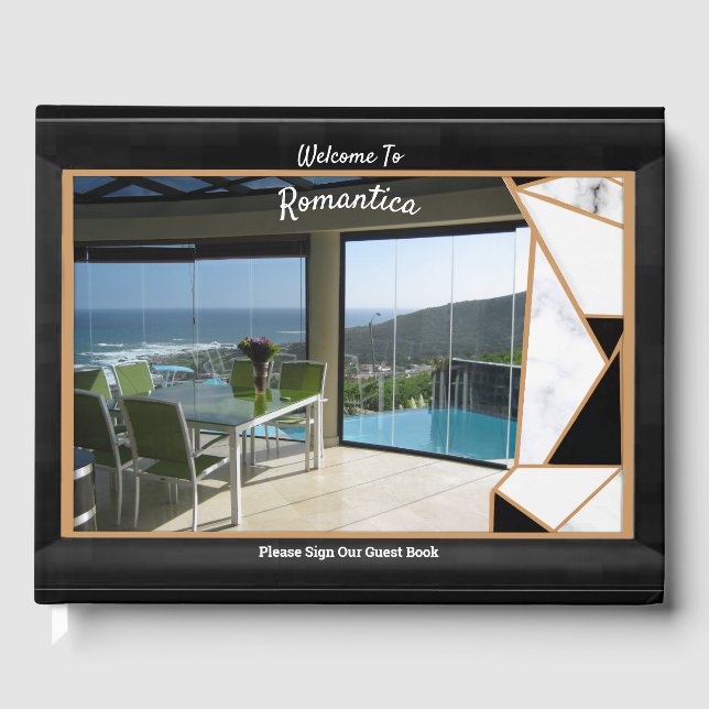 Livro De Visitas Deslocamento de mármore branco com abstrato preto  (Frente)