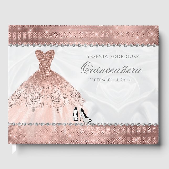 Livro De Visitas Diamond Sparkle rosa Dourado Glam Quinceanera (Frente)