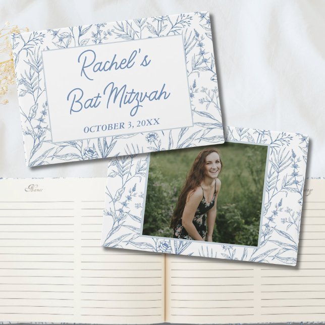 Livro De Visitas Diinga Personalizada Blue Floral Mitzvah Guestbook (Personalized Dainty Blue Floral Mitzvah Guestbook
)