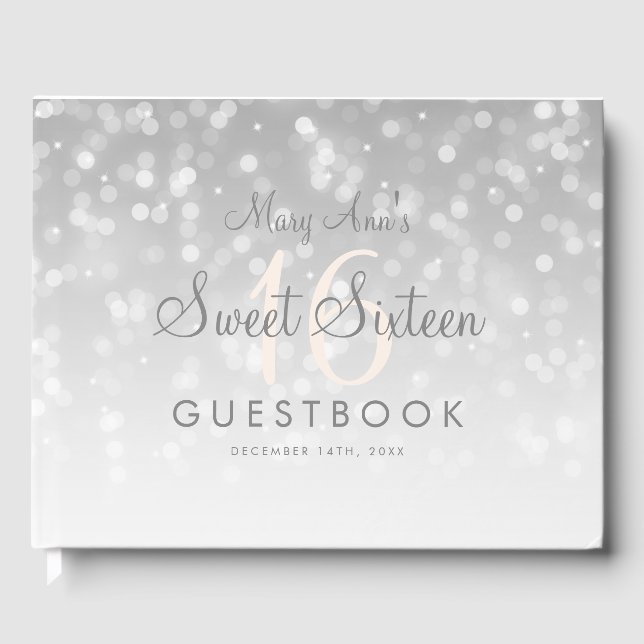 Livro De Visitas Doce 16 Guestbook Silver Bokeh Sparkle Light (Frente)