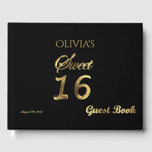 Livro De Visitas Doce 16 preto e tipografia Dourado do olhar