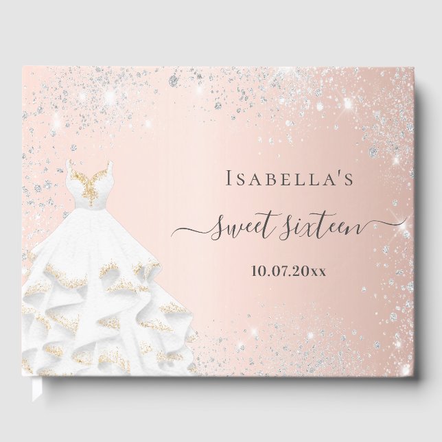 Livro De Visitas Doce aniversário de 16 rosa de vestido branco (Frente)
