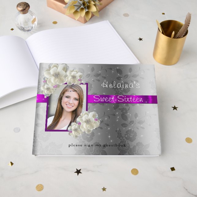 Livro De Visitas Doce Dezesseis, Brilho, Rosas Brancas em Cetim Ros (Frente aberta)