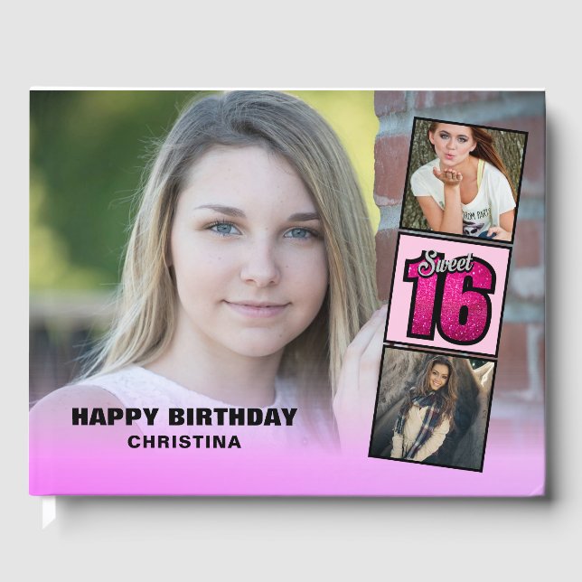 Livro De Visitas Doce Dezesseis Fotografias Colagem Rosa Quente (Frente)