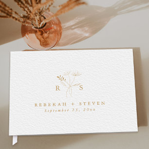 Livro De Visitas Dourada Aquarela Simples Botanica Monograma Wedd