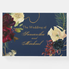 Livro De Visitas Dourada Burgundy Blue Watercolor Floral Wreath Wed