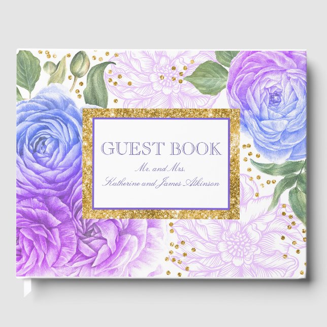 Livro De Visitas Dourada Confetti e Casamento Floral Azul e Roxo (Frente)