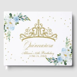 Livro De Visitas Dourada Tiara Blush Baby Blue Quinceanera