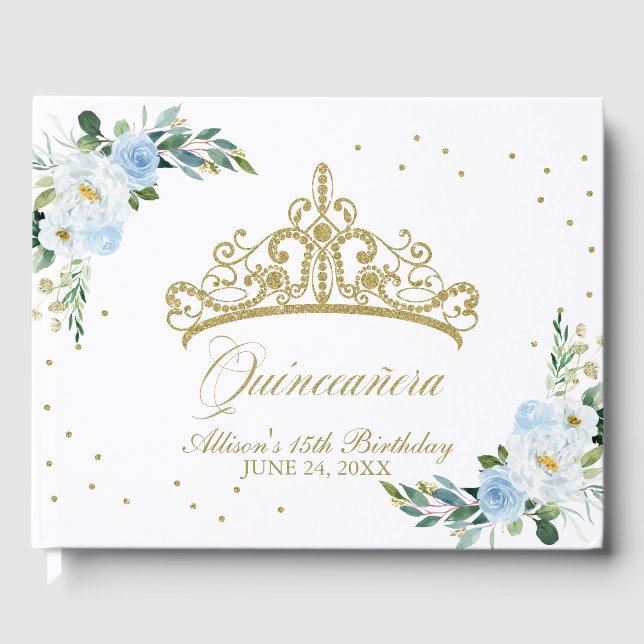 Livro De Visitas Dourada Tiara Blush Baby Blue Quinceanera (Frente)