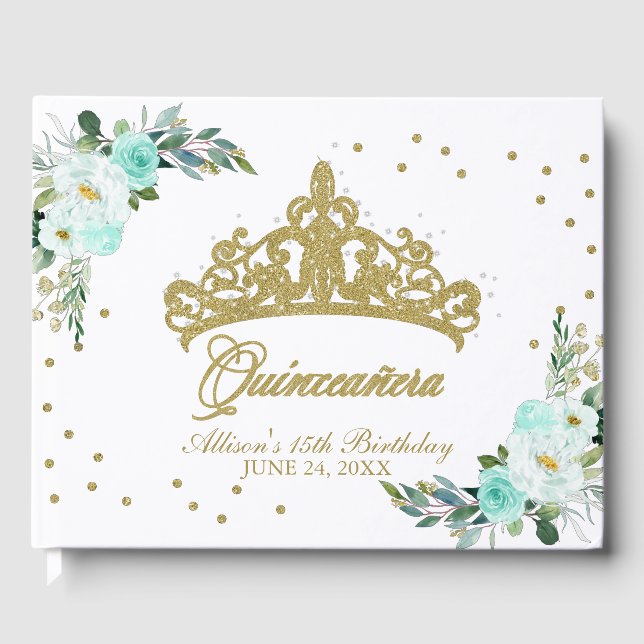 Livro De Visitas Dourada Tiara Blush Teal Quinceanera (Frente)