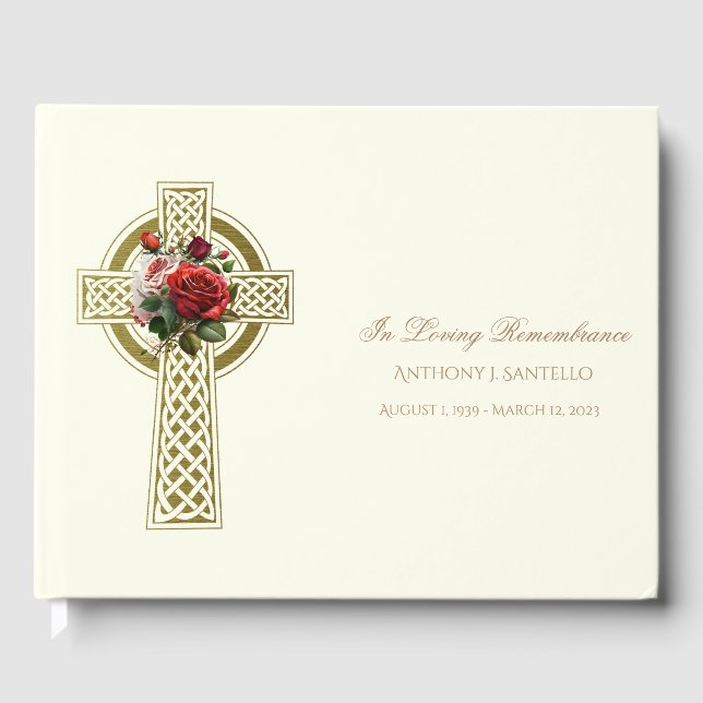 Livro De Visitas Dourado Celtic Cross Irish Rosas Memorial Funeral (Frente)