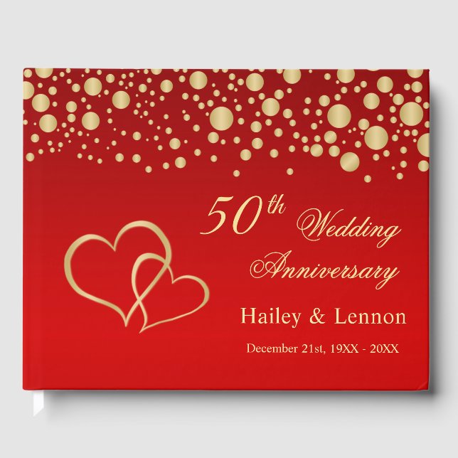 Livro De Visitas Dourado Confetti Hearts 50º Aniversário de Casamen (Frente)