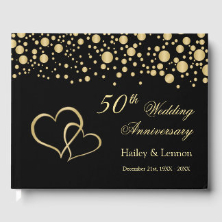 Livro De Visitas Dourado Confetti Hearts 50º Aniversário de Casamen