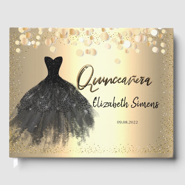 Livro De Visitas Dourado Confetti, vestido preto Quinceañera (Frente)