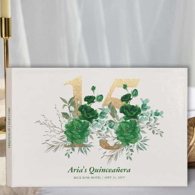 Livro De Visitas Dourado Número 15, Quinceanera Floral Emerald Gree (15th birthday guest book from the Royal Rose Emerald Green Quinceanera Collection by Darling & May)