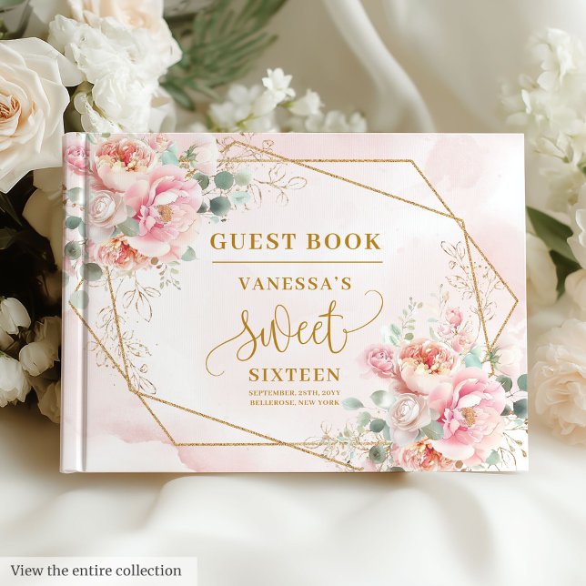 Livro De Visitas Dourado Sábio Rosa Blush Moderno Doce Floral 16 (Modern Blush Pink Sage Gold Floral Sweet 16 Guest Book)