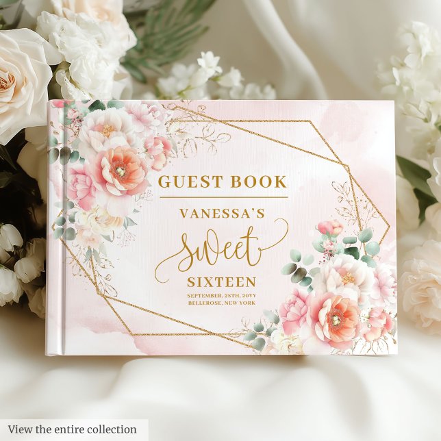 Livro De Visitas Dourado Sage Pink Pastel Sage Floral Sweet 16 (Modern Pastel Pink Sage Gold Floral Sweet Sixteen Guest Book)