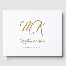 Livro De Visitas Dourado Script e Branco Elegante de Casamento