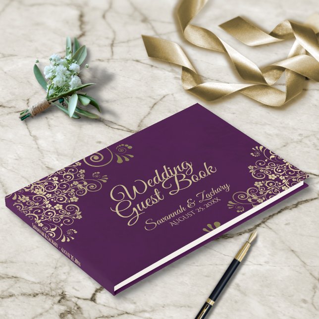 Livro De Visitas Dourados Amigos no Casamento Elegante Roxo de Plum (Criador carregado)